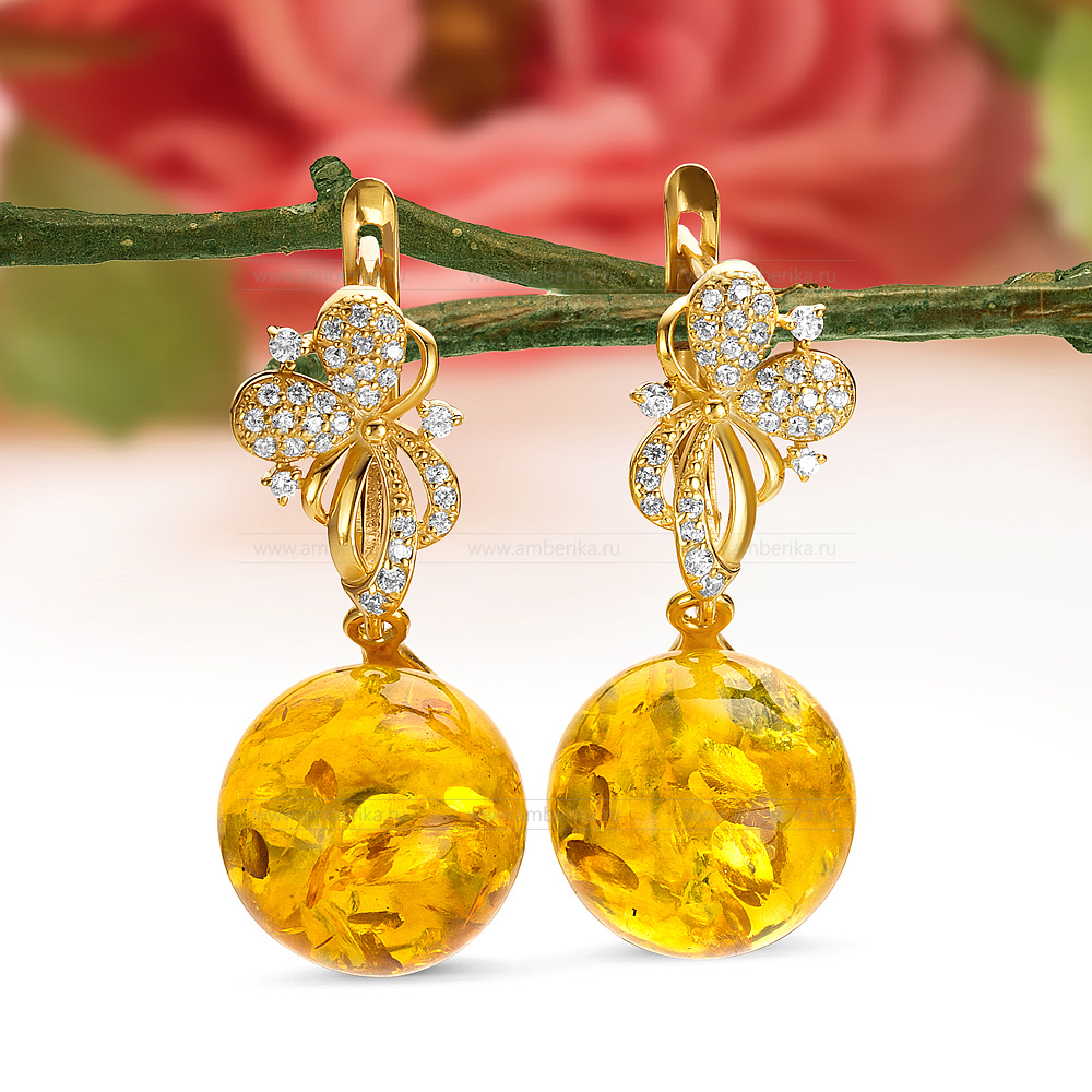 Серьги из серебра 925 пробы с золотистым балтийским янтарем, артикул 11443