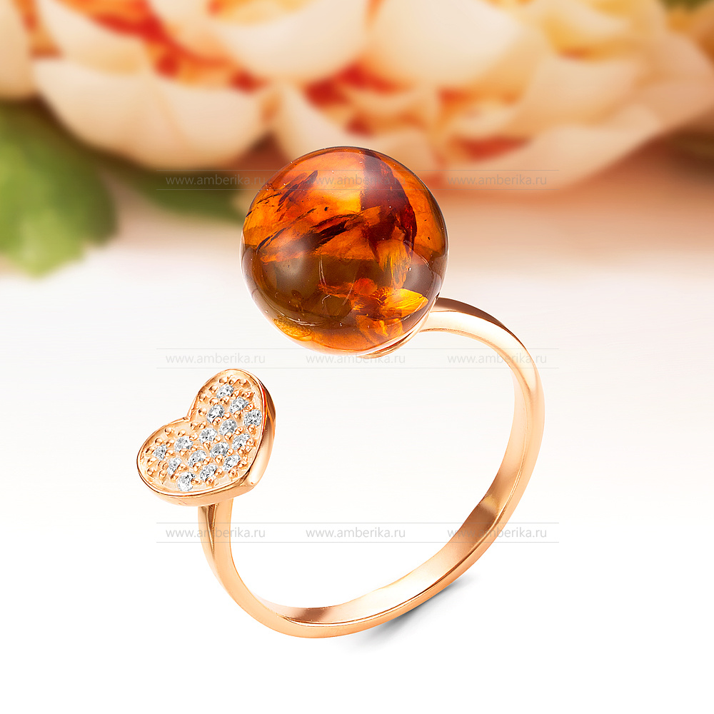 Кольцо "Диор" из серебра 925 пробы с коньячным балтийским янтарем, артикул 12453