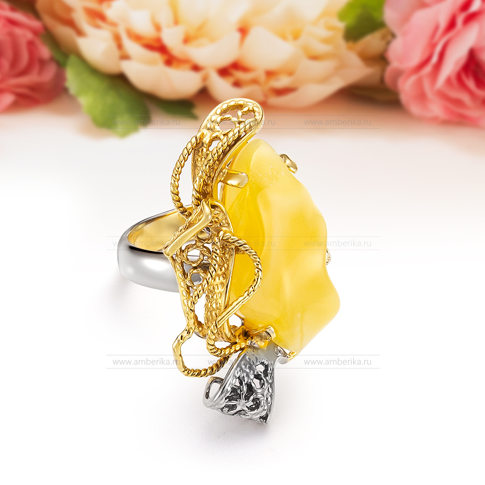 Кольцо из серебра 925 пробы с лимонным балтийским янтарем, артикул 12266