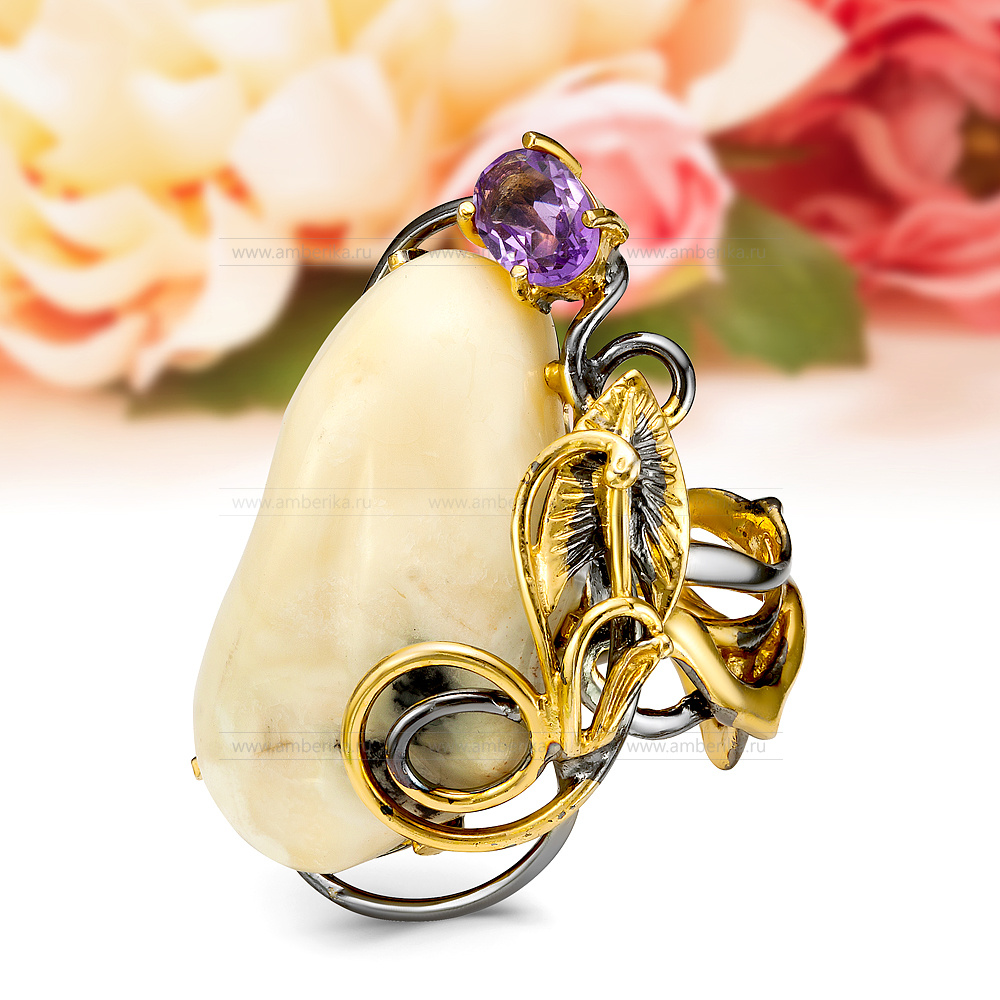 Кольцо из серебра 925 пробы с природным балтийским янтарем, артикул 12273