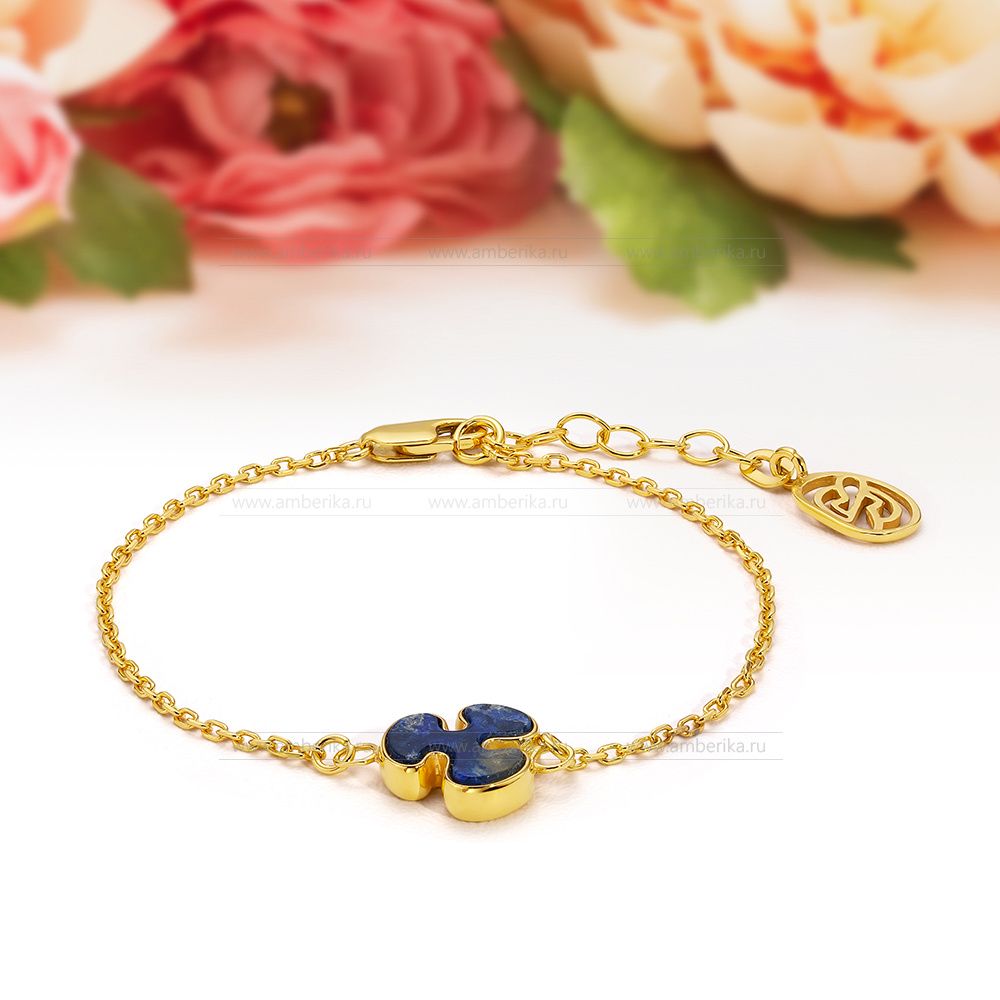 Браслет из серебра 925 пробы с позолотой с синим балтийским янтарем, артикул 12123