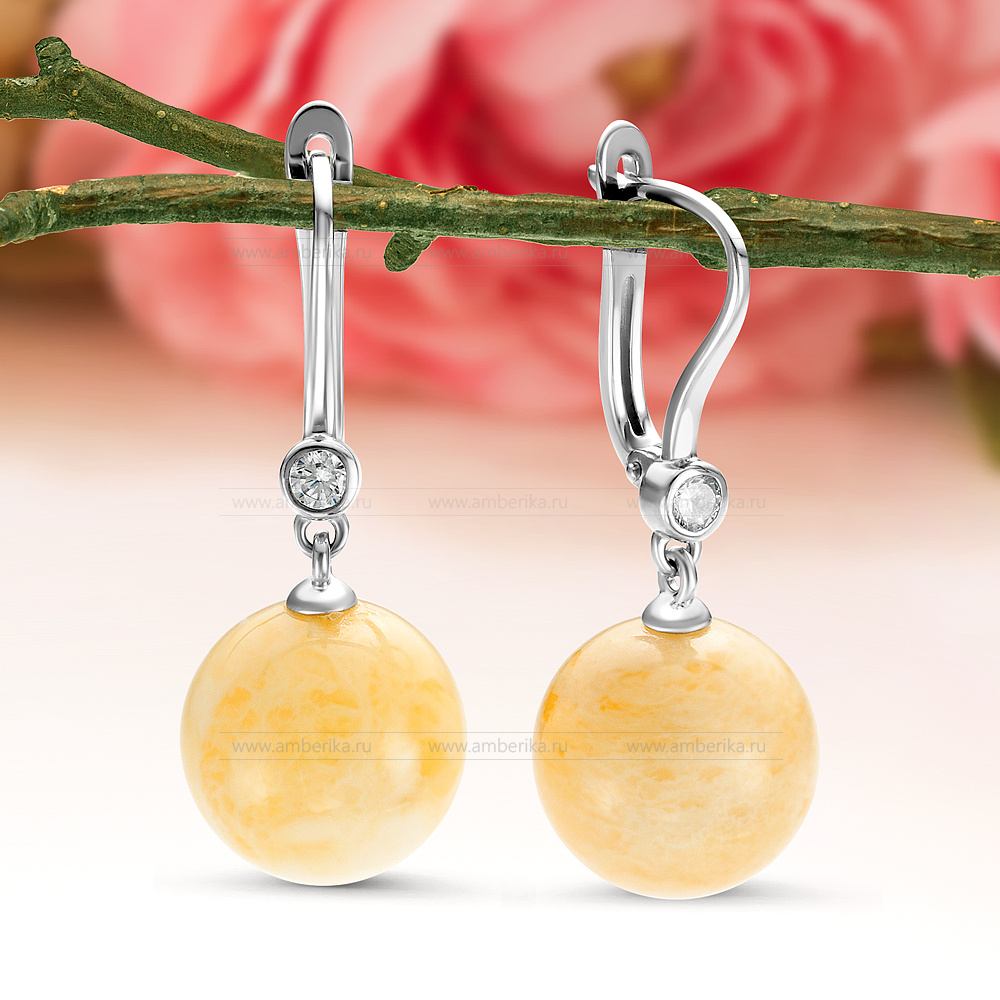 Серьги из серебра 925 пробы, украшенные лимонным янтарем., артикул 2021