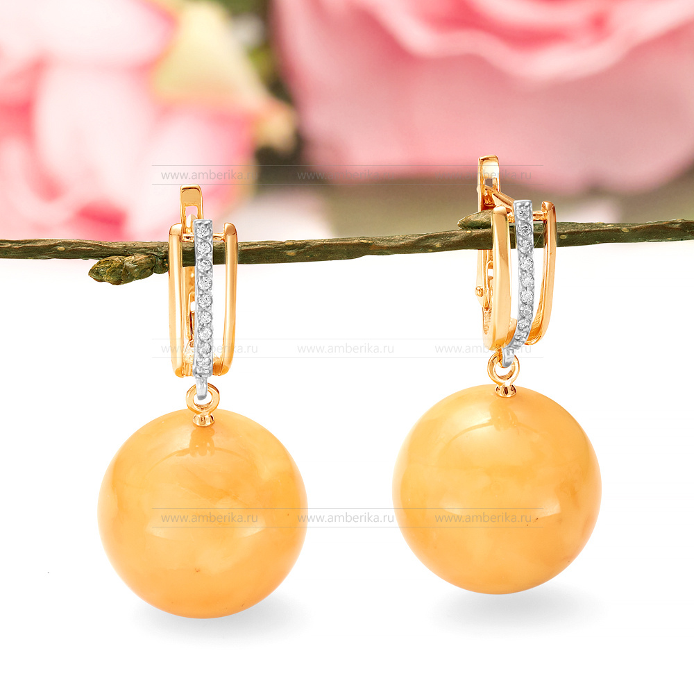Серьги из серебра 925 пробы, украшенные золотистым янтарем, артикул 11403