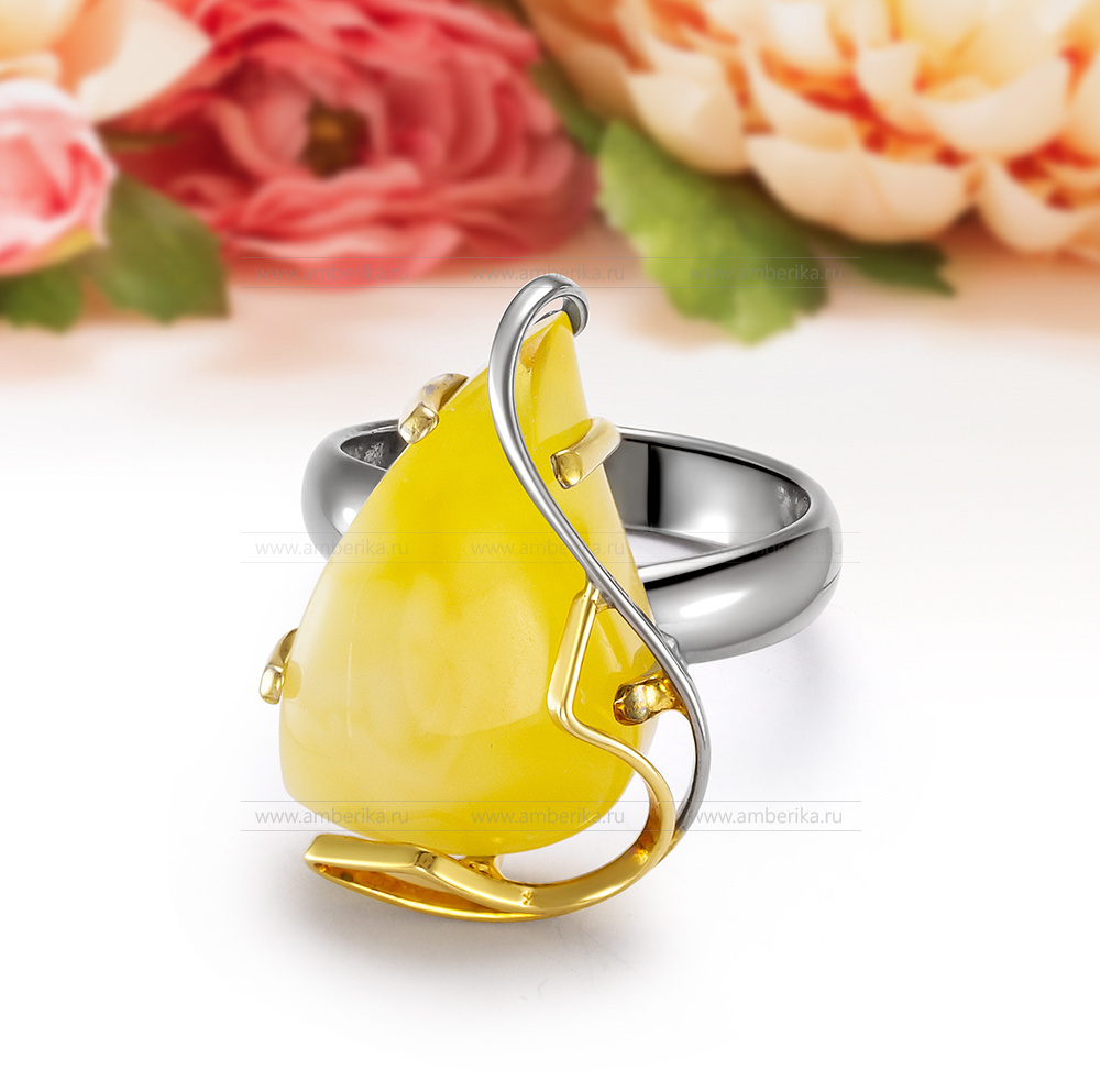 Кольцо из серебра 925 пробы с лимонным природным балтийским янтарем, артикул 11584