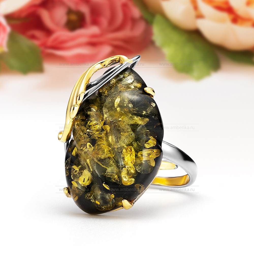 Кольцо "Полночь" из серебра 925 пробы с зеленым балтийским янтарем, артикул 11066