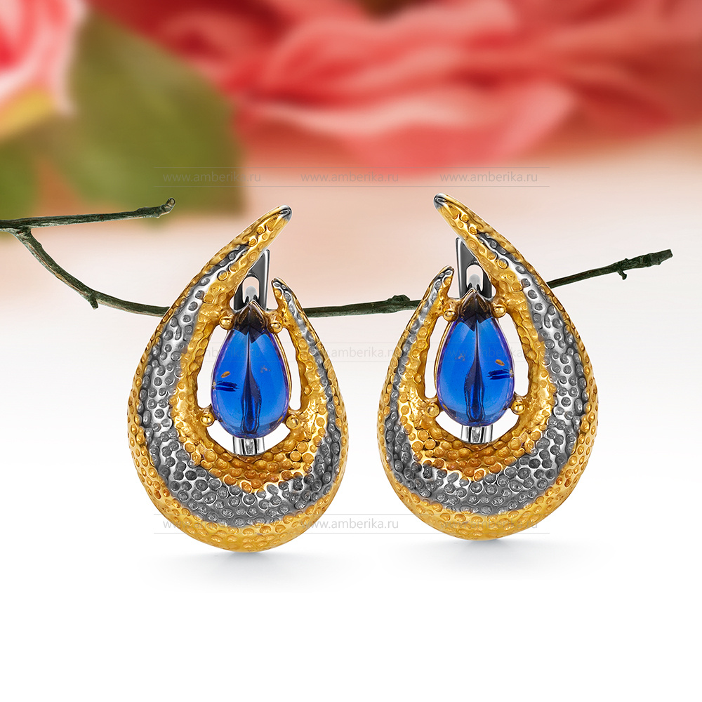 Серьги из серебра 925 пробы с синим природным балтийским янтарем, артикул 12578
