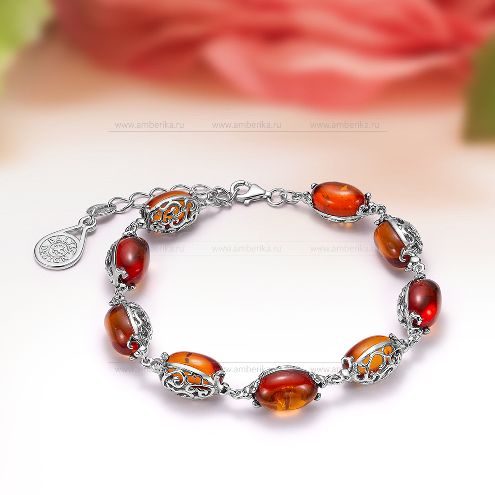 Браслет "Фаберже" в серебре 925 пробы из коньячного балтийского янтаря, артикул 11891