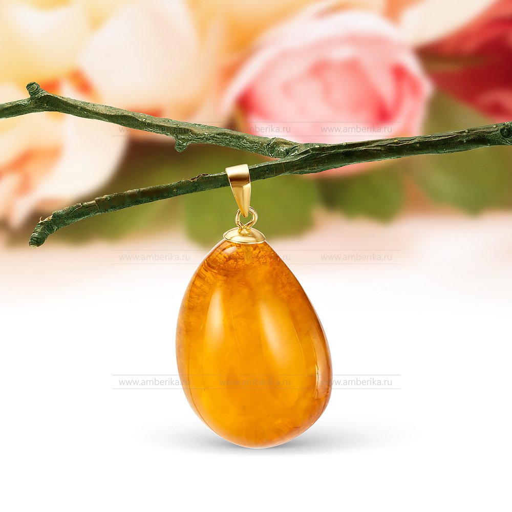 Кулон из серебра 925 пробы с золотистым балтийским янтарем, артикул 11884