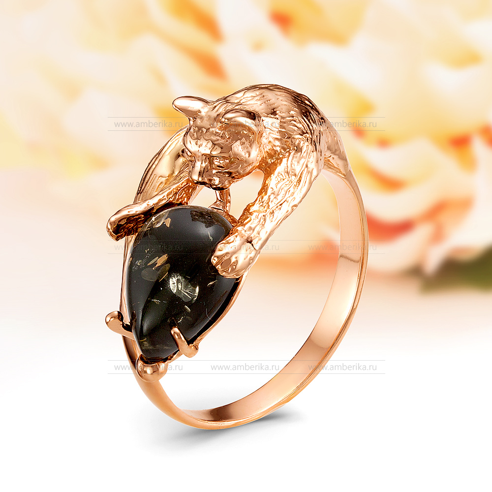 Кольцо "Снежный Барс" из серебра 925 пробы с зеленым янтарем, артикул 12076