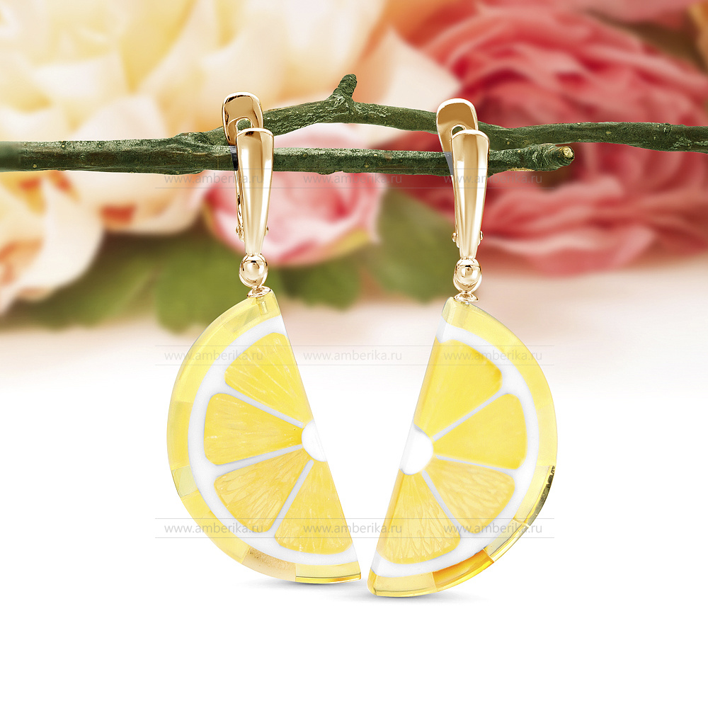 Серьги "Цитрус" из серебра 925 пробы с лимонным балтийским янтарем, артикул 12593