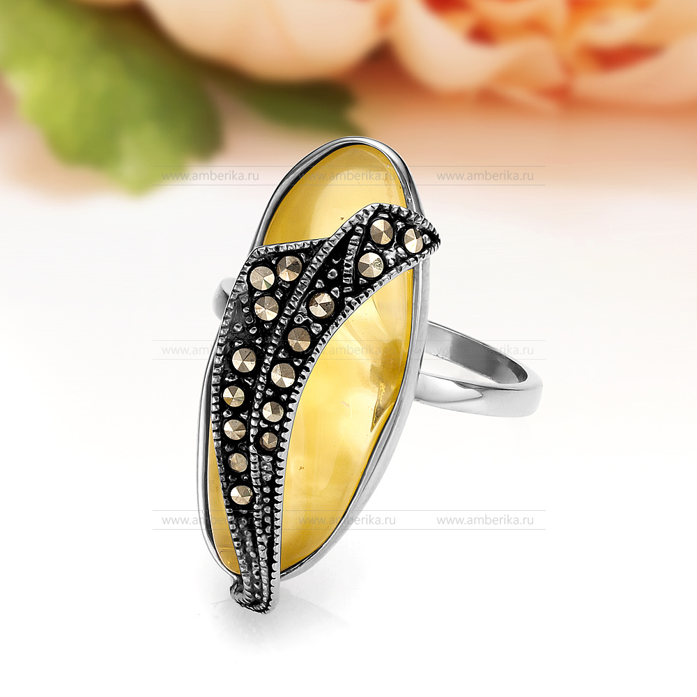 Кольцо из серебра 925 пробы с лимонным природным балтийским янтарем, артикул 12046