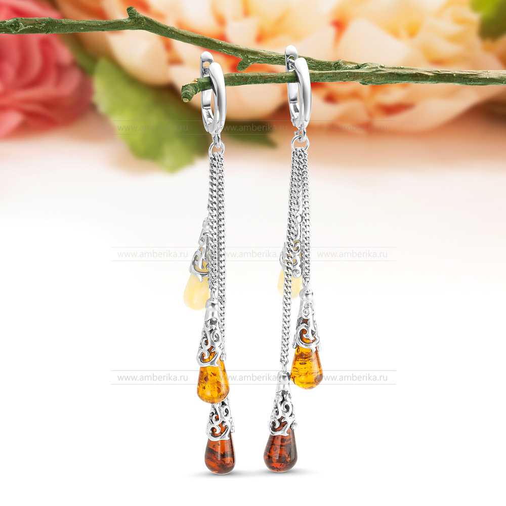 Серьги "Грезы" из серебра 925 пробы, украшенные янтарем цвета "микс", артикул 11258