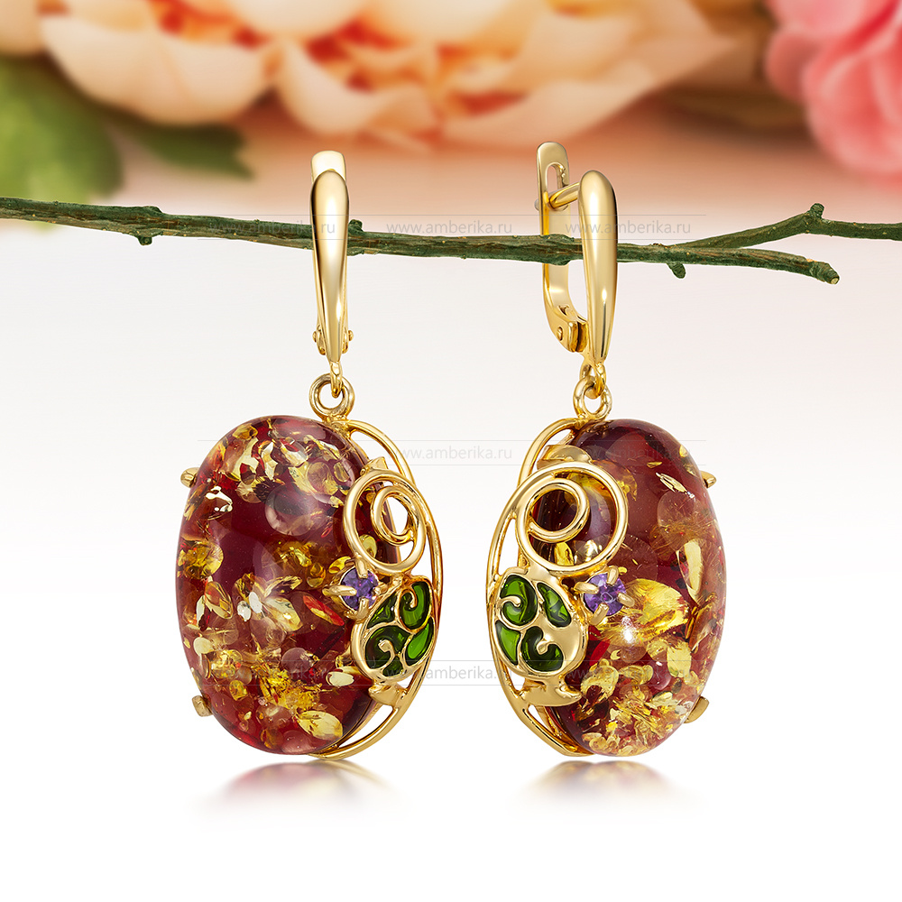 Серьги из серебра 925 пробы, украшенные красным балтийским янтарем, артикул 11139