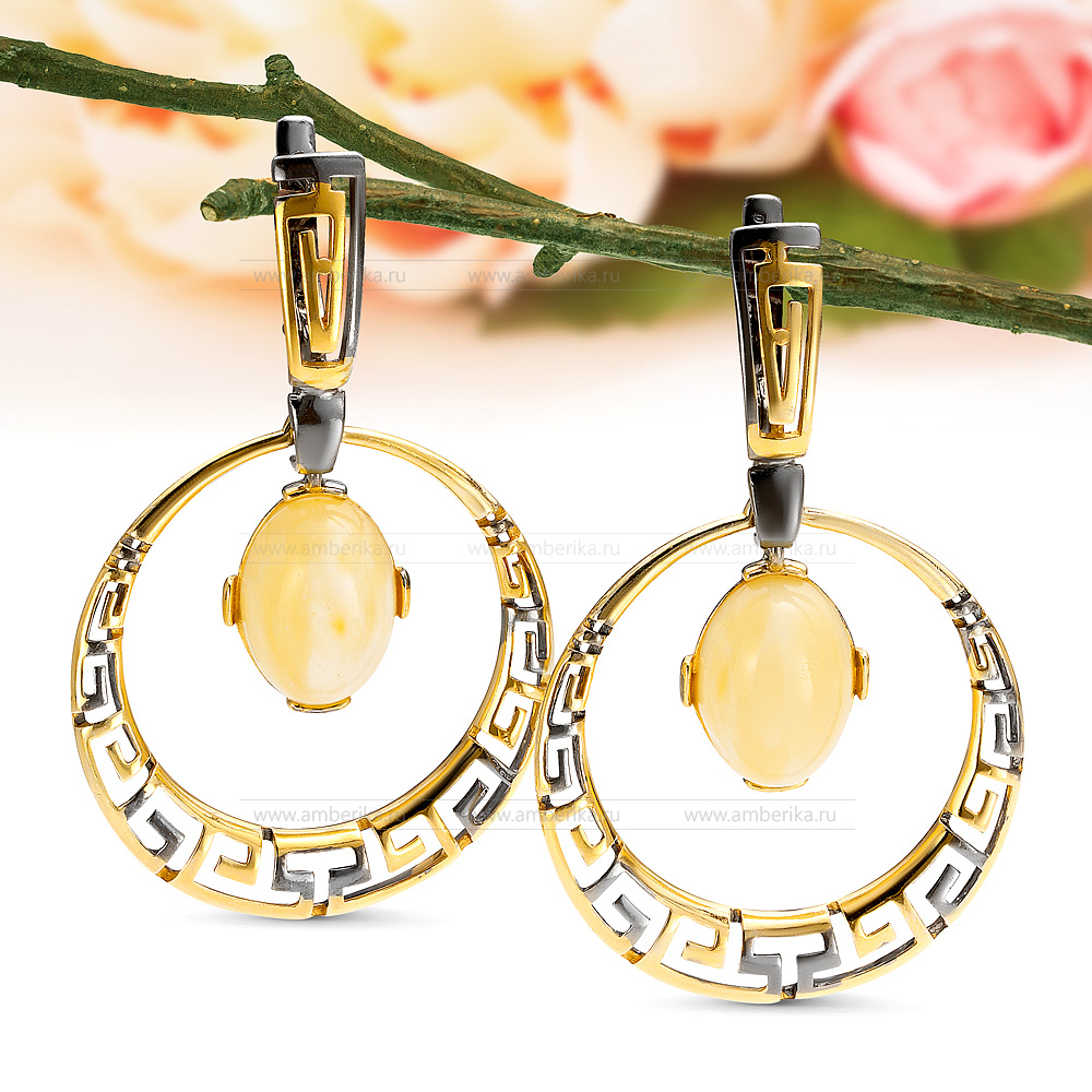Серьги из серебра 925 пробы с лимонным балтийским янтарем, артикул 12340
