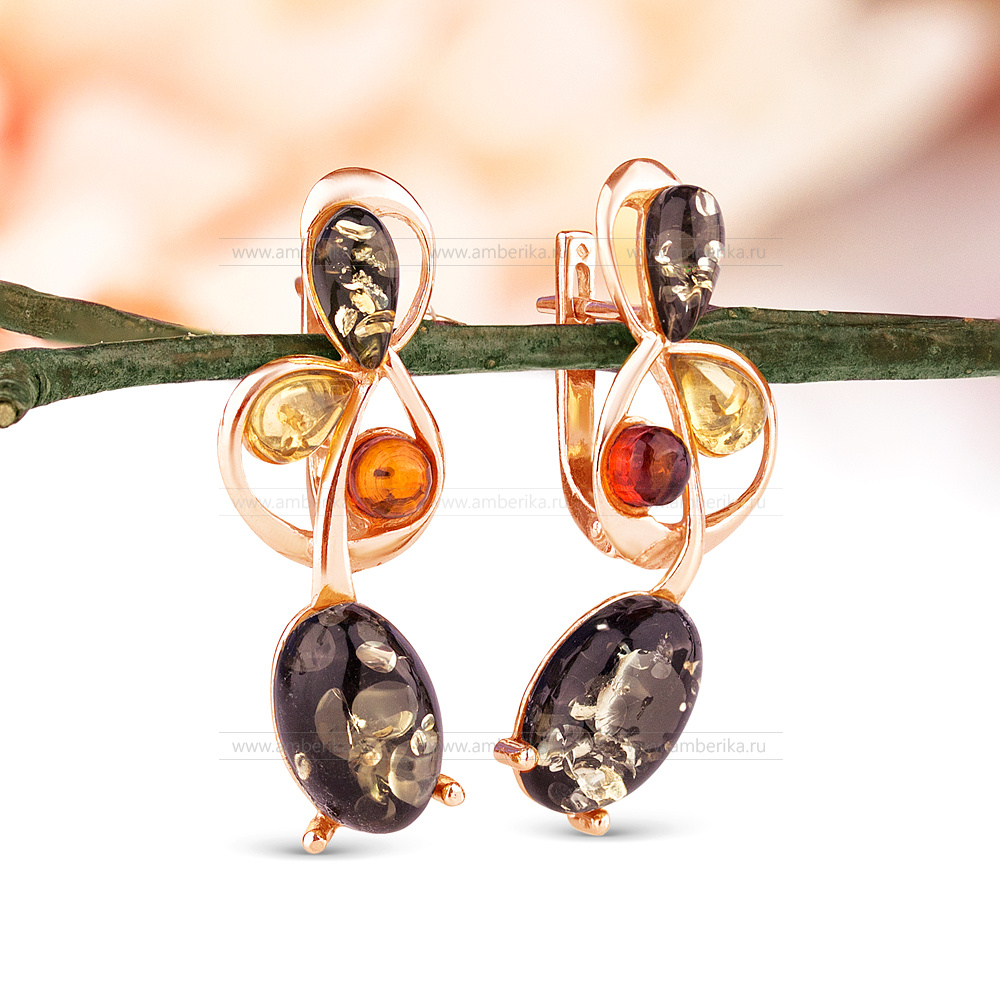 Серьги из серебра 925 пробы, украшенные природным янтарем "микс", артикул 11420