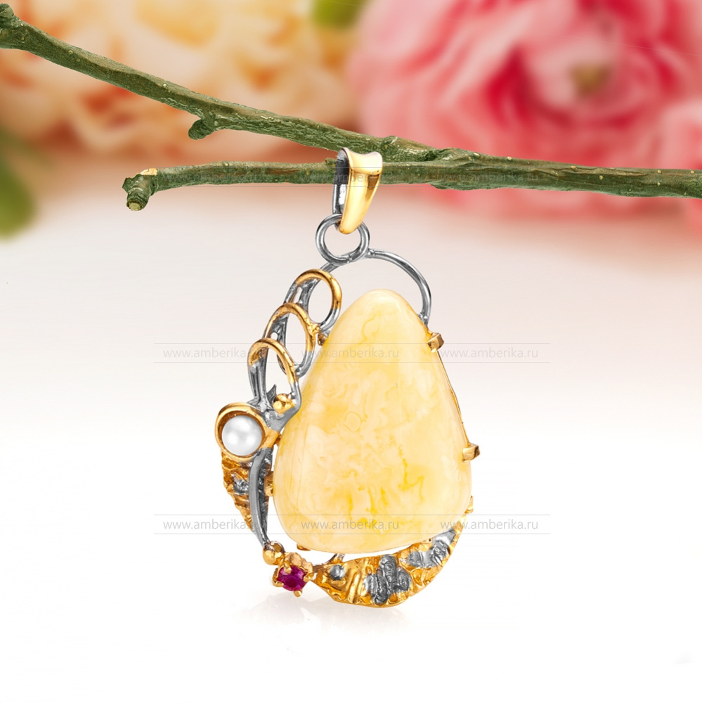 Кулон "Фантазия" из серебра 925 пробы с природным янтарем, артикул 11460