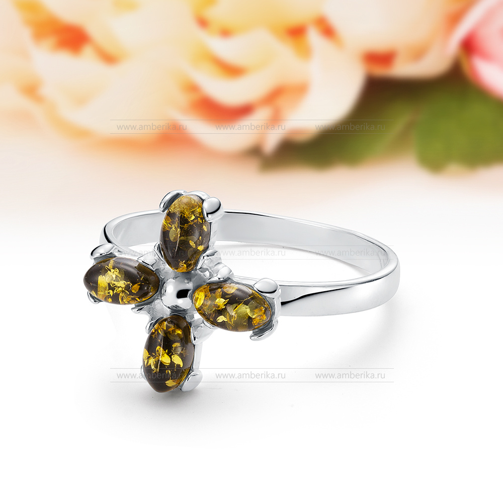 Кольцо из серебра 925 пробы с зеленым природным балтийским янтарем, артикул 12604