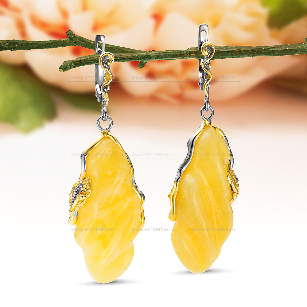 Серьги из серебра 925 пробы, украшенные лимонным янтарем, артикул 10826