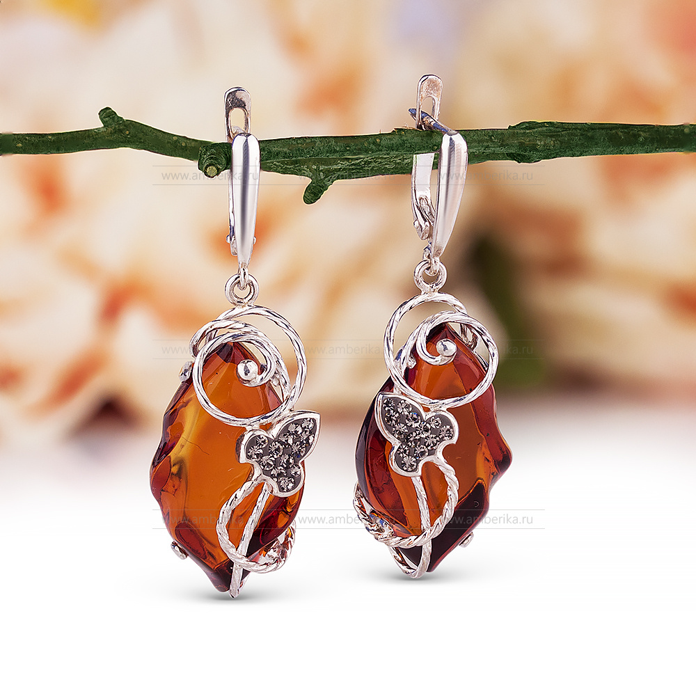 Серьги из серебра 925 пробы, украшенные природным янтарем, артикул 10990