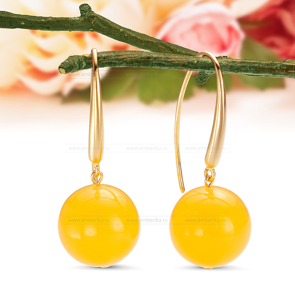 Серьги из серебра 925 пробы с золотистым балтийским янтарем, артикул 12437
