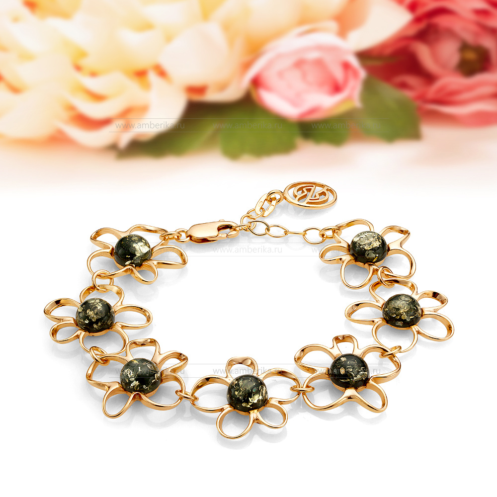 Браслет из зеленого балтийского янтаря в серебре 925 пробы, артикул 12120