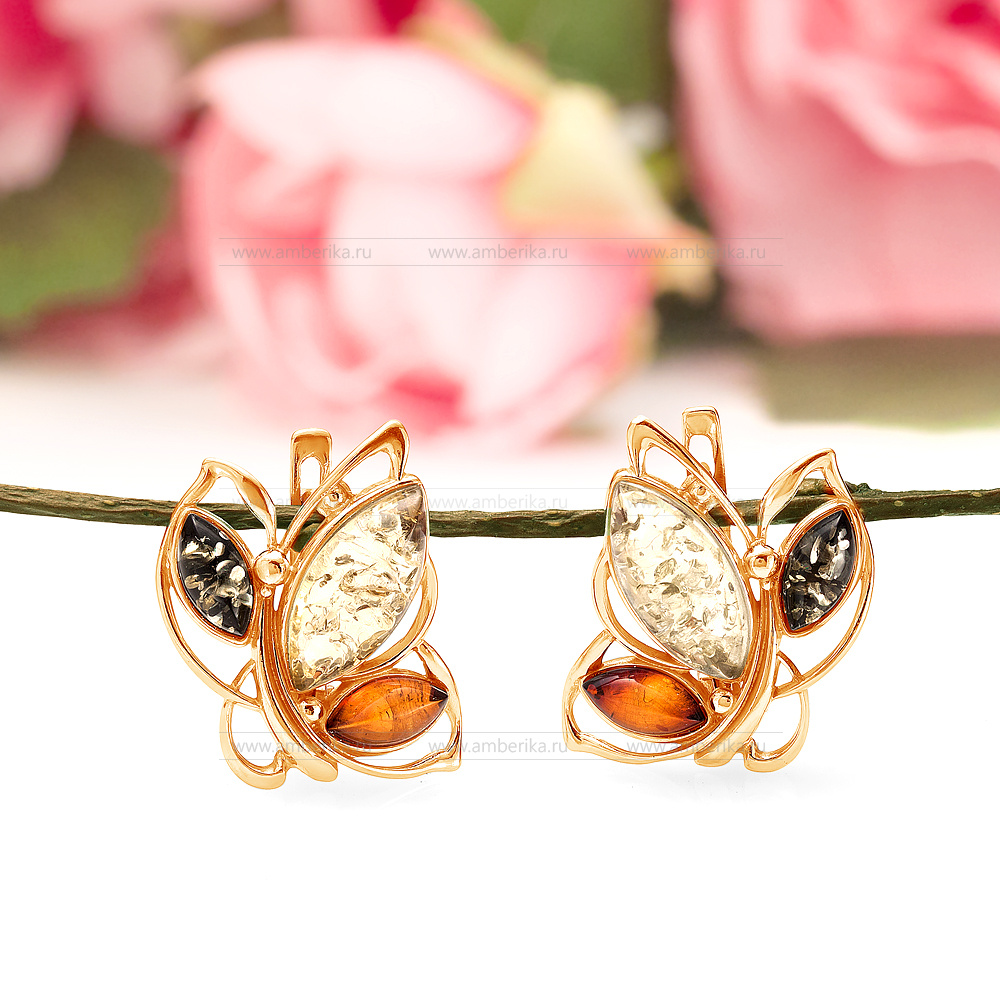 Серьги из серебра 925 пробы с природным балтийским янтарем "микс", артикул 11899