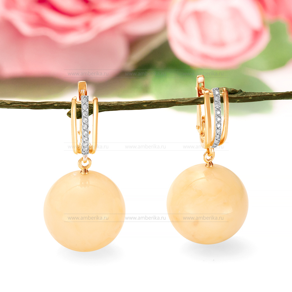 Серьги из серебра 925 пробы, украшенные лимонным природным янтарем, артикул 11397