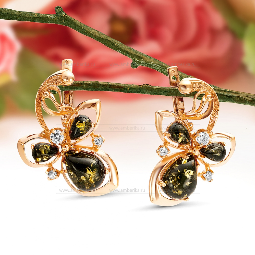 Серьги из серебра 925 пробы с зеленым балтийским янтарем, артикул 12306