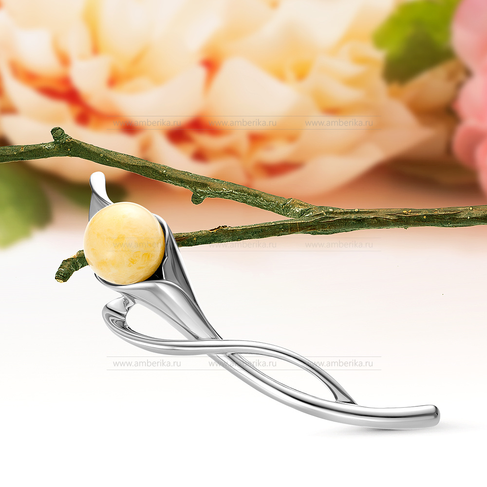 Брошь-кулон из серебра 925 пробы с лимонным природным балтийским янтарем, артикул 12474