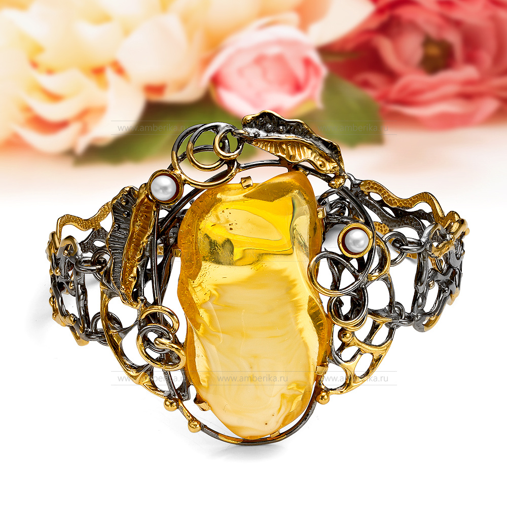 Браслет "Вивальди" из натурального золотистого балтийского янтаря в серебре, артикул 12237
