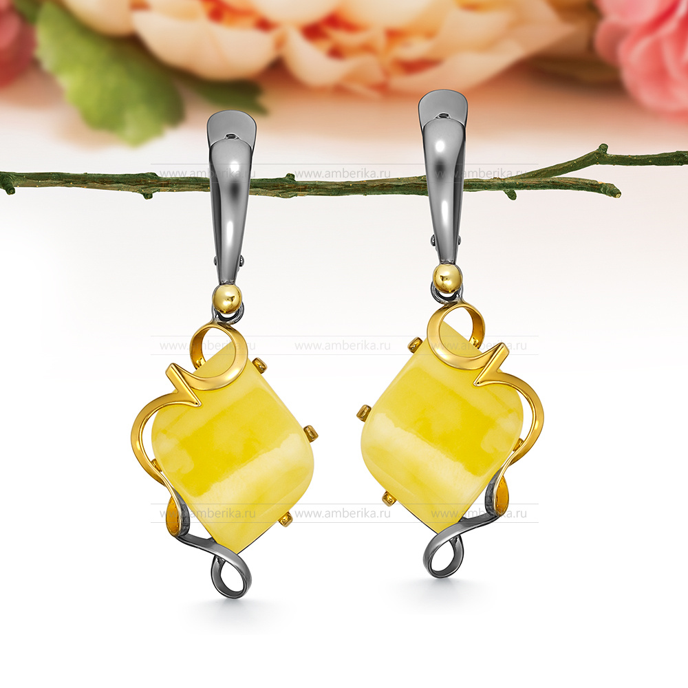 Серьги из серебра 925 пробы, украшенные лимонным природным янтарем, артикул 10853