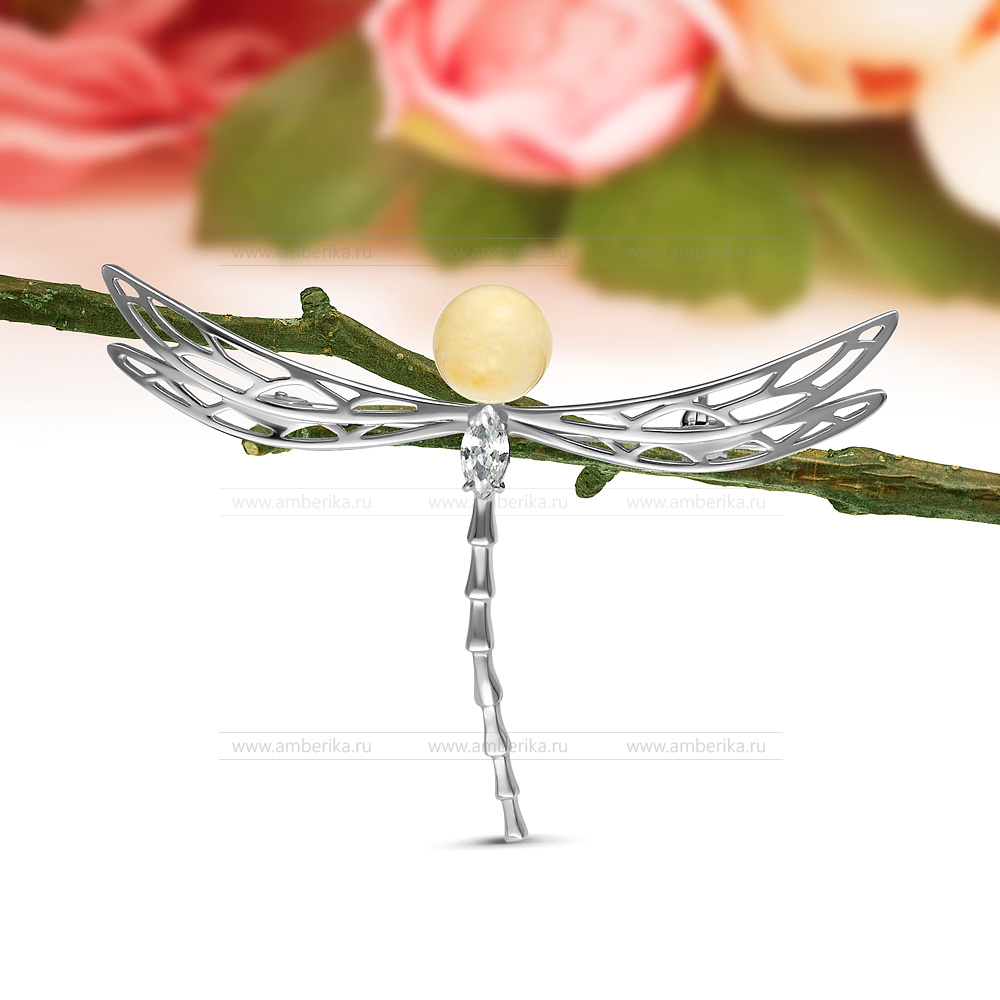 Брошь "Стрекоза" из серебра 925 пробы с лимонным балтийским янтарем, артикул 12484