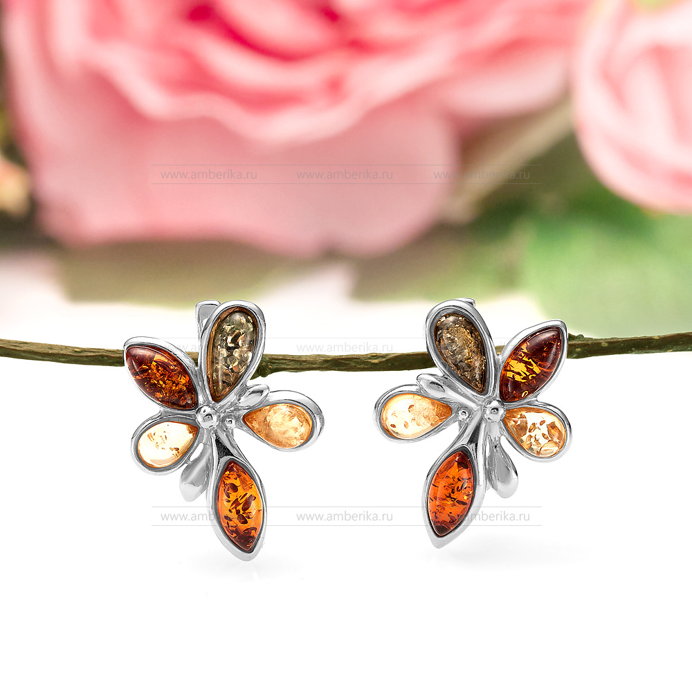 Серьги "Брызги шампанского" из серебра с балтийским янтарем "микс", артикул 11913