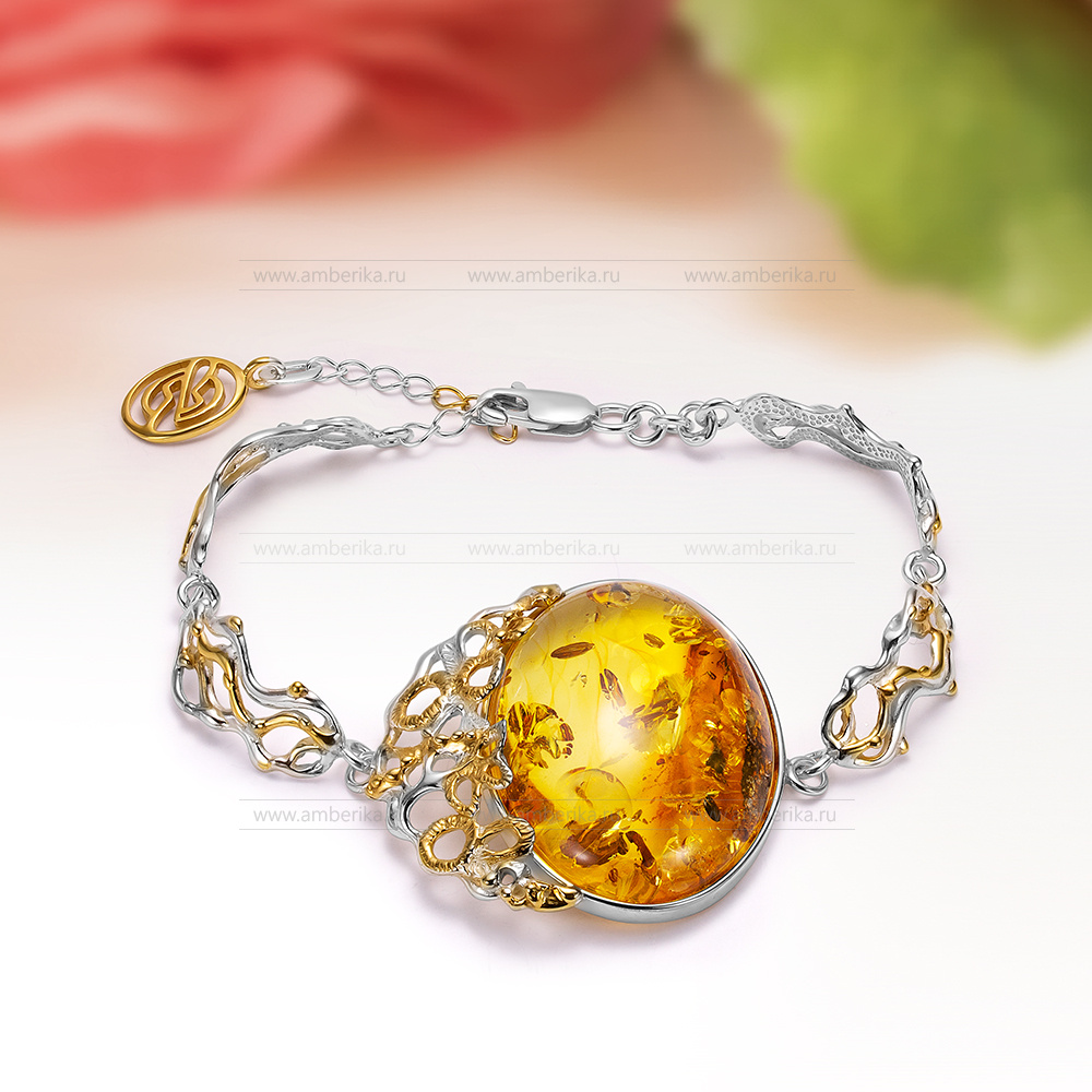 Браслет из золотистого натурального балтийского янтаря в серебре, артикул 12113
