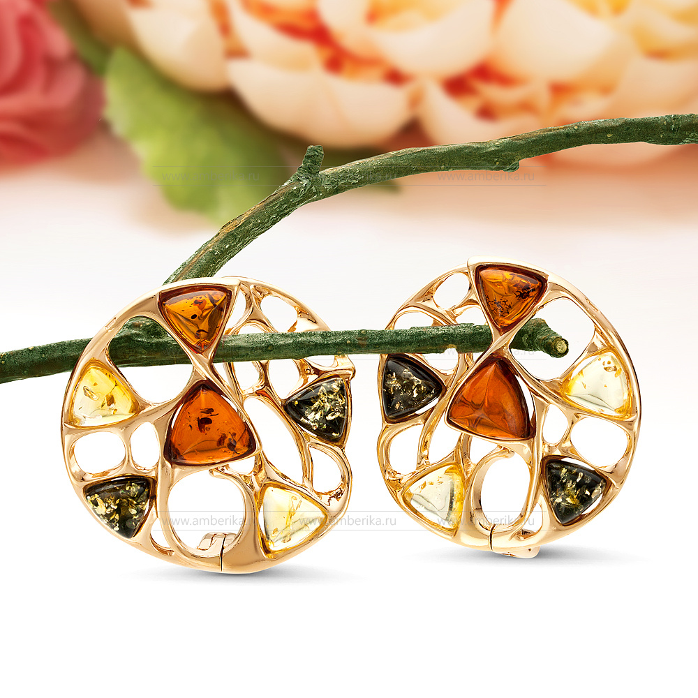Серьги из серебра 925 пробы с природным балтийским янтарем "микс", артикул 12100