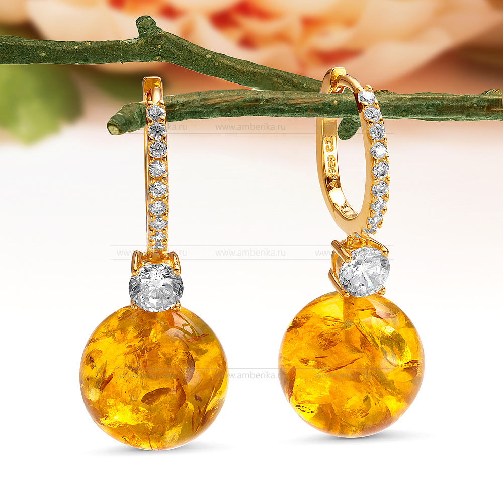 Серьги из серебра 925 пробы с золотистым балтийским янтарем, артикул 12419