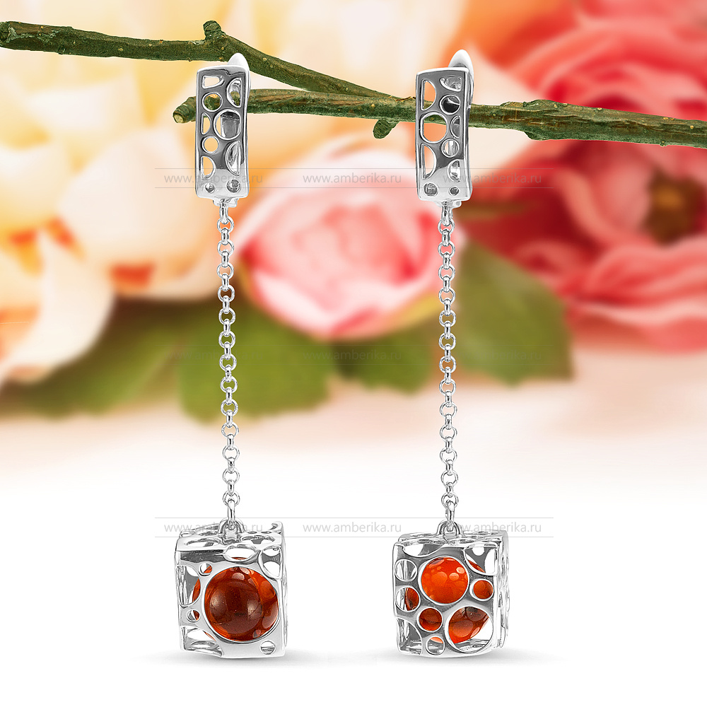 Серьги "Эдам" из серебра 925 пробы с коньячным балтийским янтарем, артикул 12314