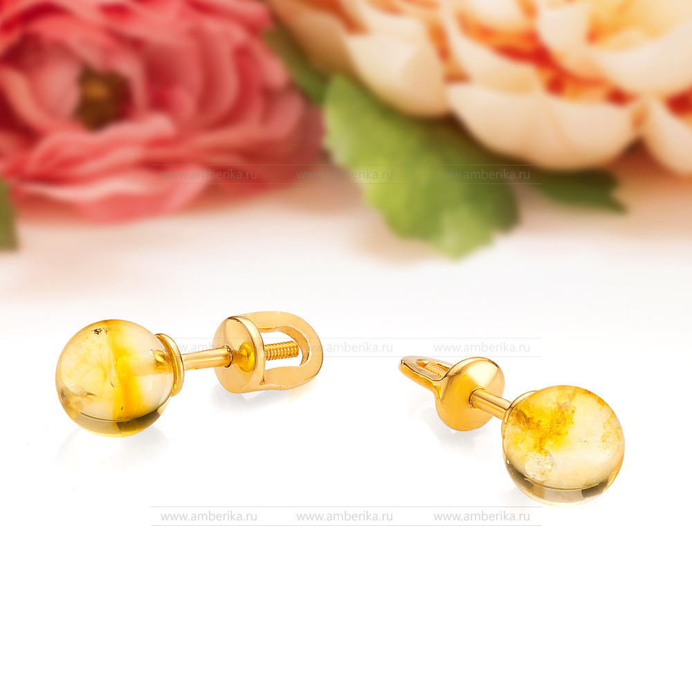 Пусеты из серебра 925 пробы, украшенные золотистым янтарем, артикул 11504