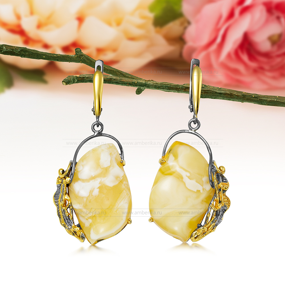 Серьги из серебра 925 пробы, украшенные лимонным янтарем, артикул 11183