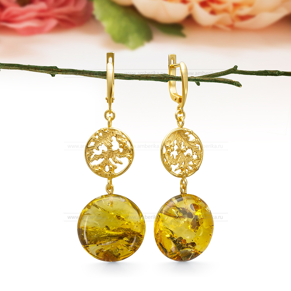 Серьги из серебра 925 пробы с золотистым природным балтийским янтарем, артикул 12616