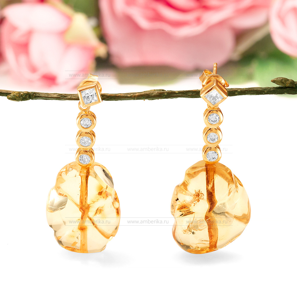 Серьги из серебра 925 пробы, украшенные золотистым янтарем, артикул 11396