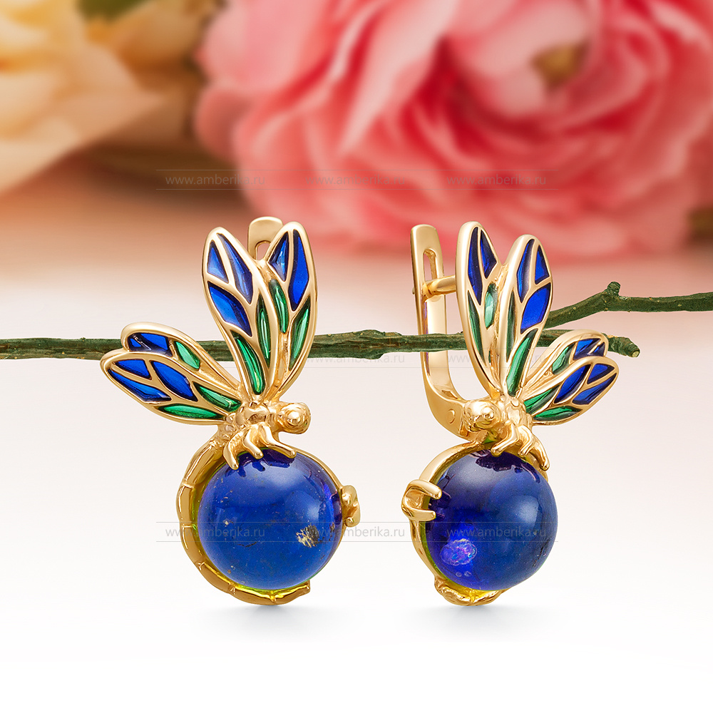Серьги из серебра 925 пробы с синим природным балтийским янтарем, артикул 12559