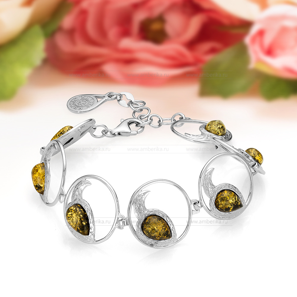 Браслет из натурального зеленого балтийского янтаря в серебре 925 пробы, артикул 12117