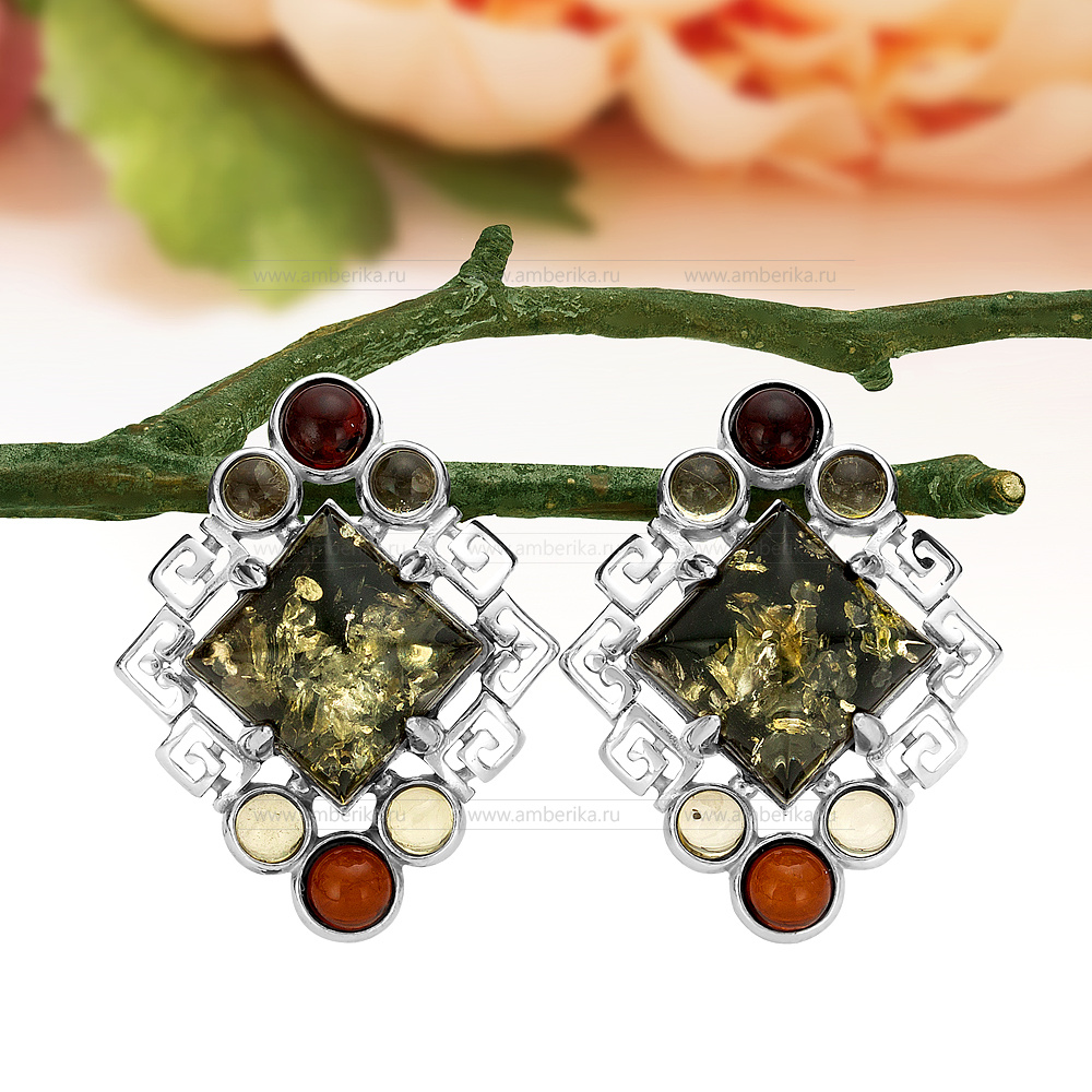 Серьги из серебра 925 пробы с природным балтийским янтарем "микс", артикул 12189