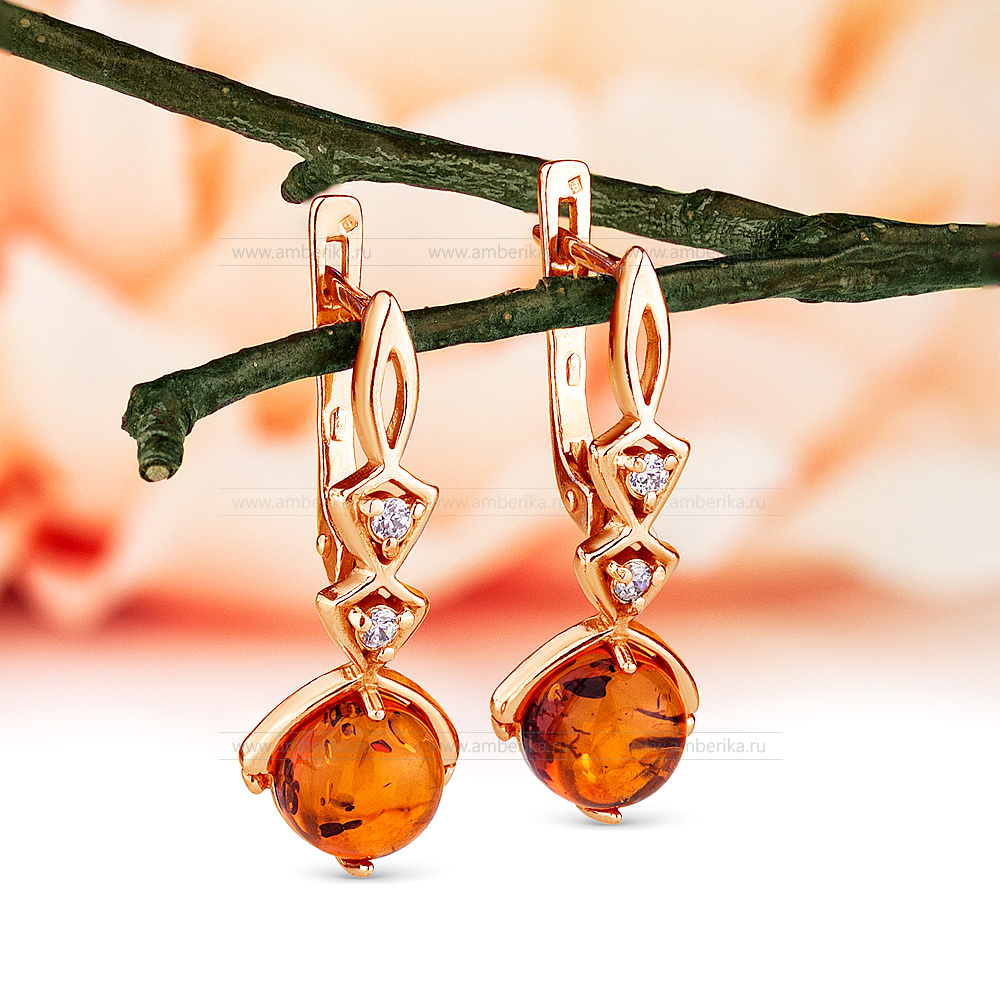 Серьги из серебра 925 пробы, украшенные коньячным природным янтарем, артикул 12383