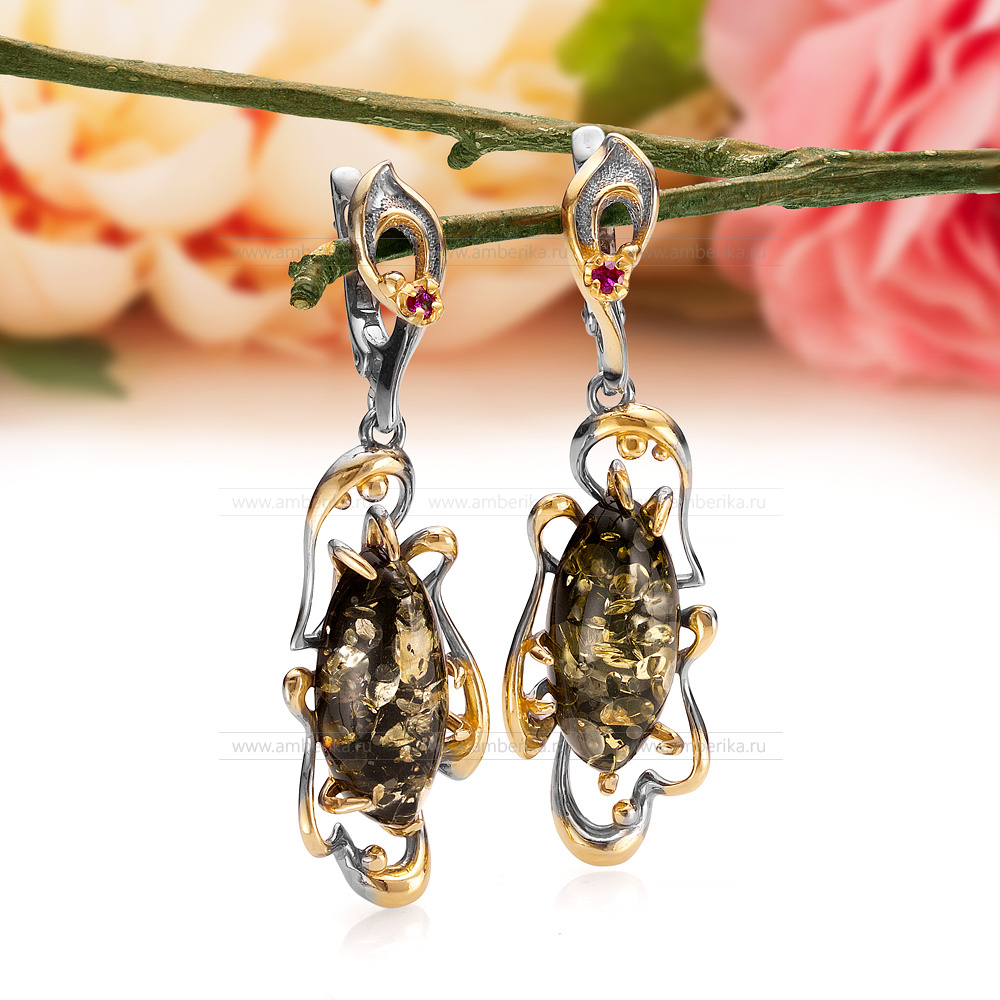 Серьги "Ажур" из серебра 925 пробы с зеленым балтийским янтарем, артикул 11450