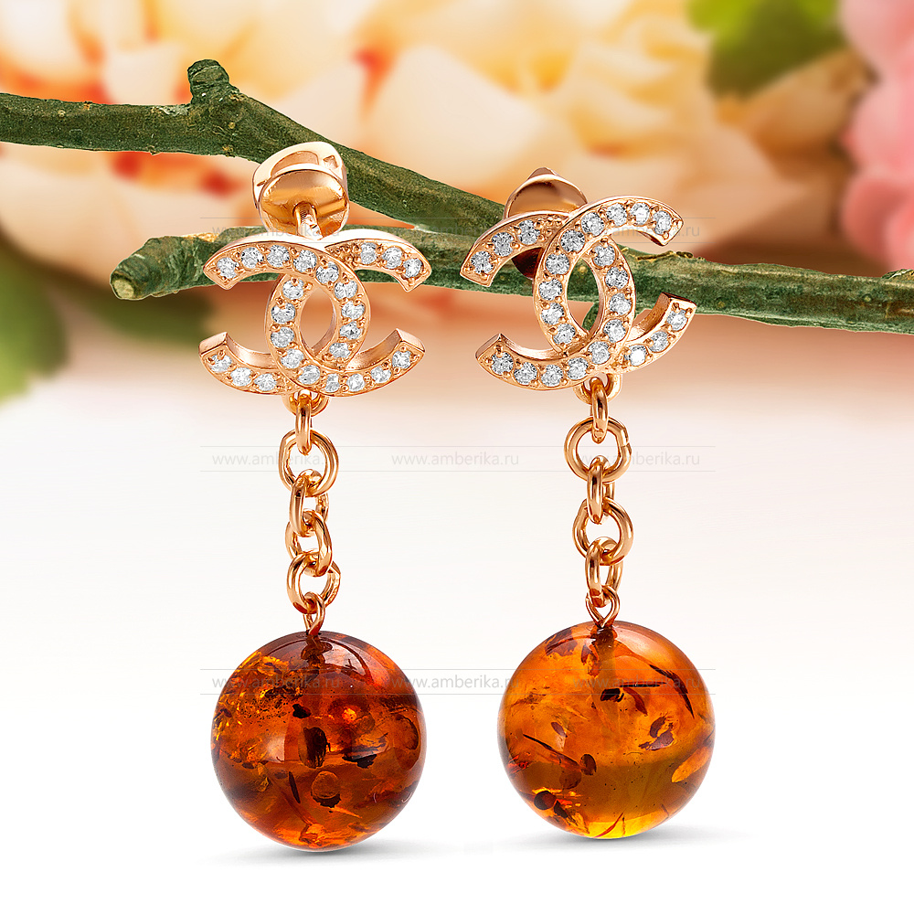 Серьги "Шанель" из серебра 925 пробы с коньячным балтийским янтарем, артикул 12448