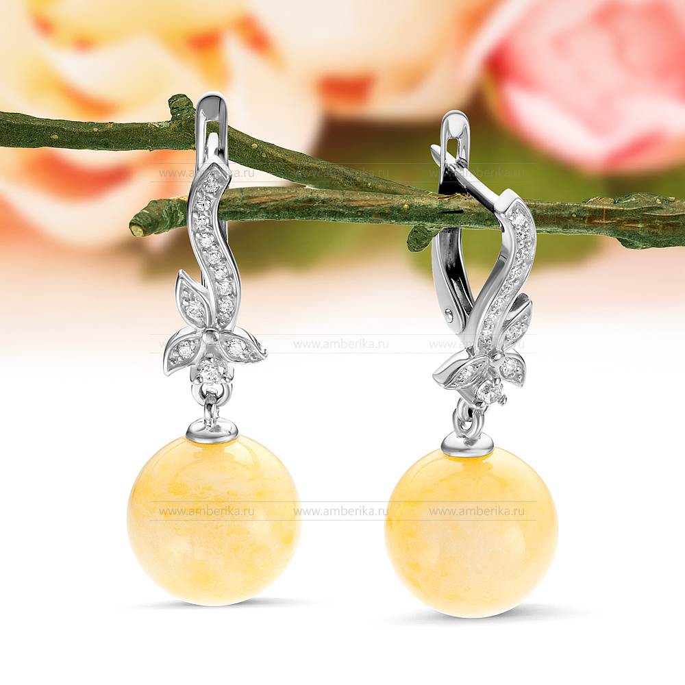 Серьги из серебра 925 пробы, украшенные лимонным янтарем, артикул 11036