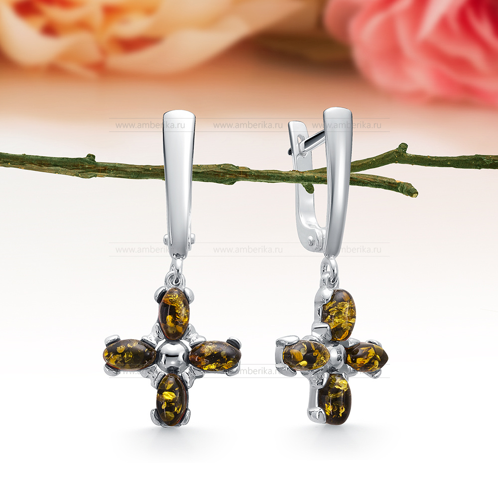 Серьги из серебра 925 пробы с зеленым природным балтийским янтарем, артикул 12602