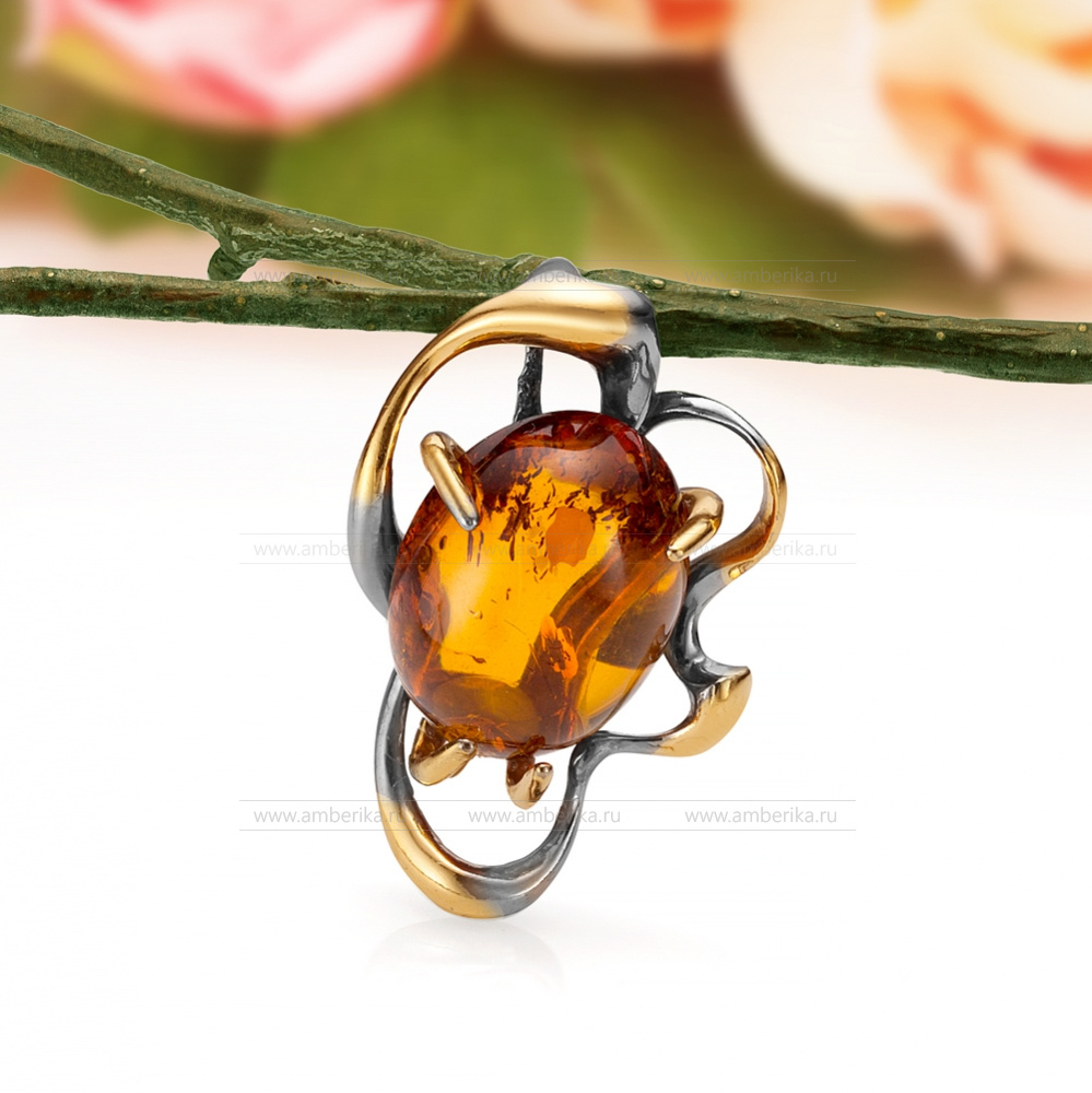 Кулон "Ажур" из серебра 925 пробы с коньячным янтарем, артикул 11462